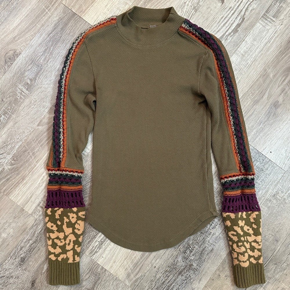 Free People Switch It Up Waffle Knit Thermal Mixed Media Crochet Leopard Small